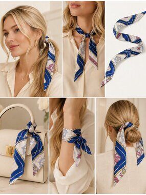 Nautical Print Skinny Silk Scarf Hair Neck Bag Accent
